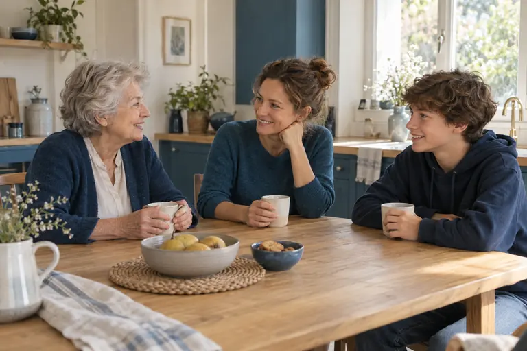 Trois générations réunies dans une cuisine lumineuse.