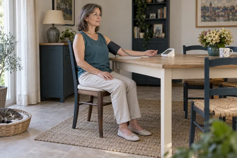 Femme assise à une table, dos contre le dossier, pieds à plat, avant-bras posé, brassard de tensiomètre sur le haut du bras nu.