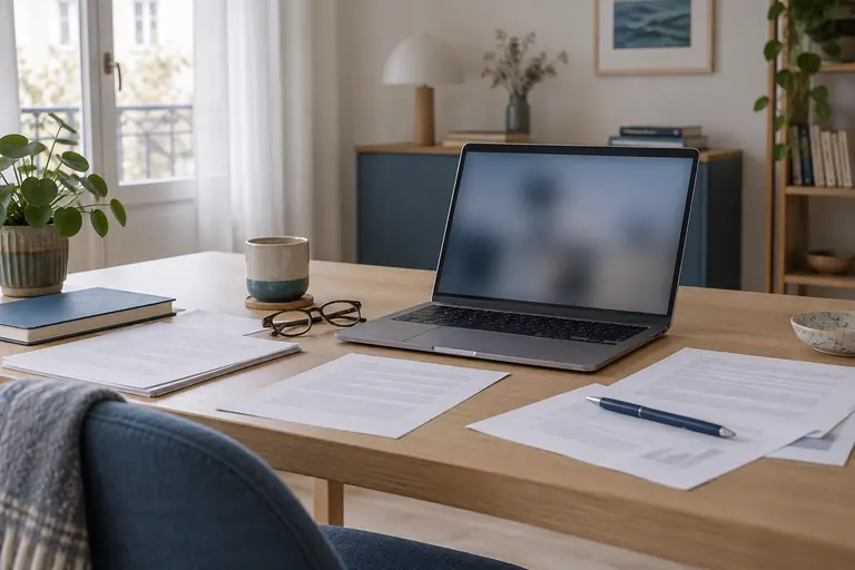 Bureau avec un ordinateur portable, des documents imprimés, un stylo et des lunettes.